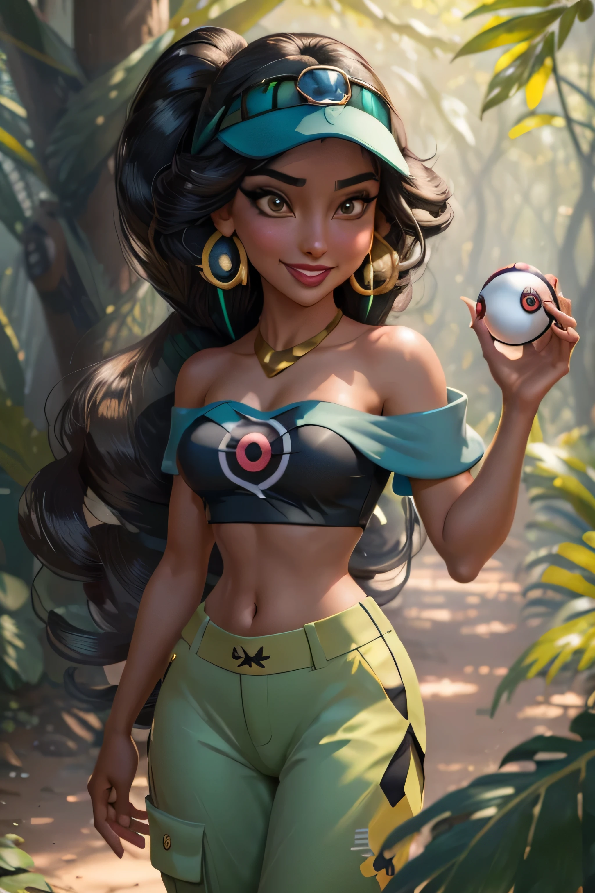 jasmine 1girl, solo, smile, (black pokemon shirt), bare shoulders, jewelry, flower, earrings, pants, off shoulder, crop top, off-shoulder shirt , (masterpiece:1.2), (best quality), (ultra detailed), (pokemon trainer), (holding pokeball), forest background,