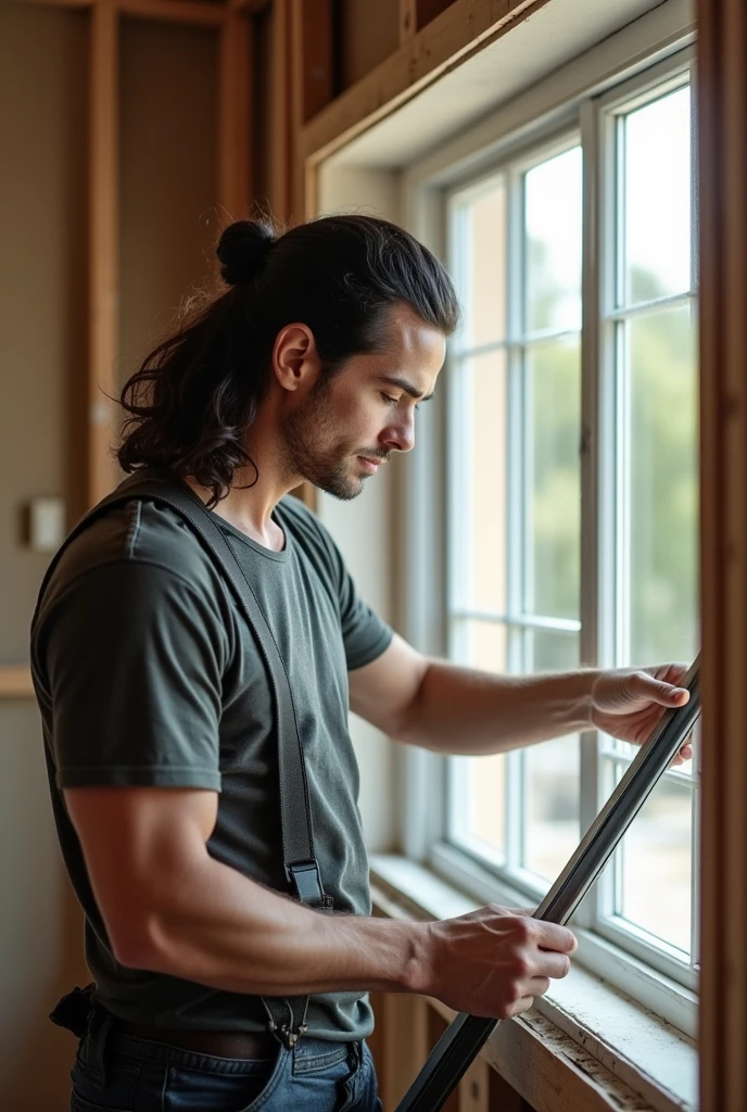 Man with long hair but tied up, placing an aluminum and glass window