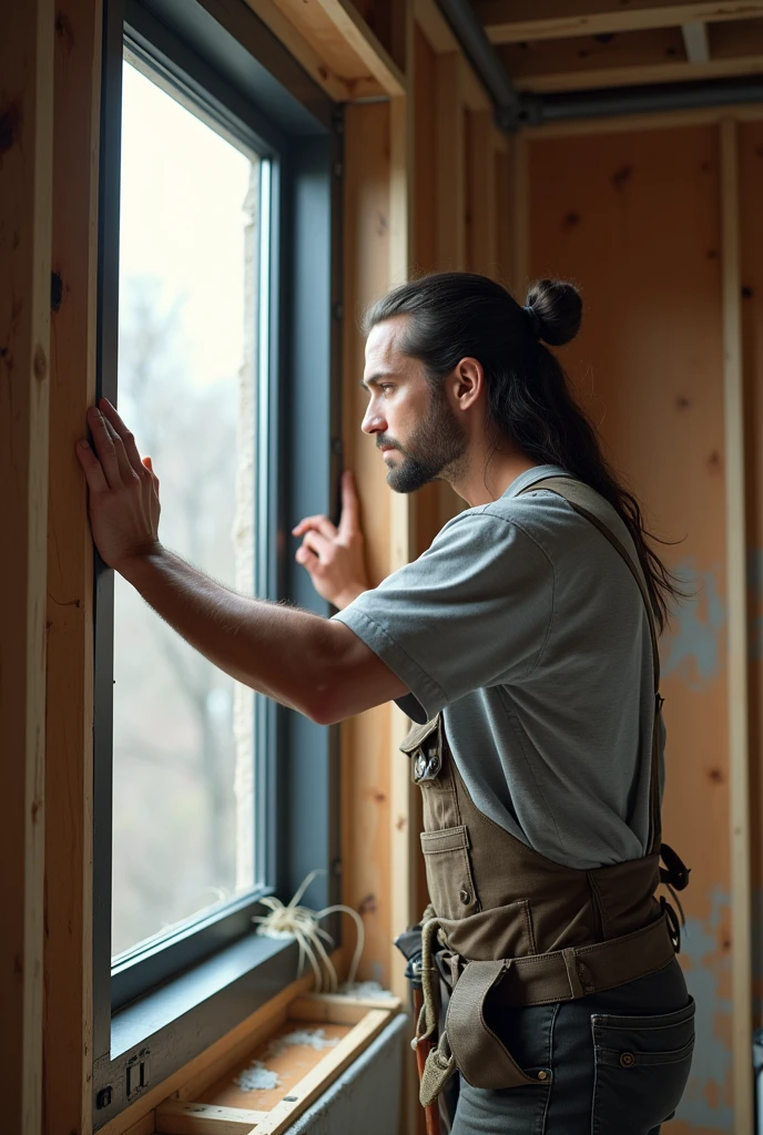 Man with long hair but tied up, placing an aluminum and glass window