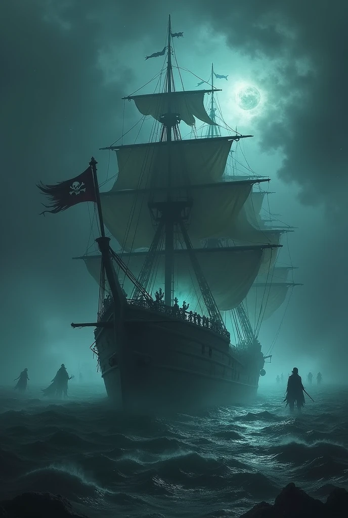 A ghost ship with pirates and ghosts flying in a dark environment