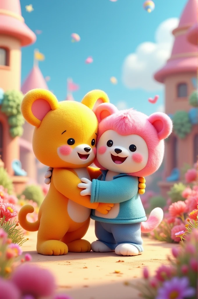 Crea una imagen donde el skzoo de banchan de StrayKids abrace al bt21 de jimin de BTS como amigos