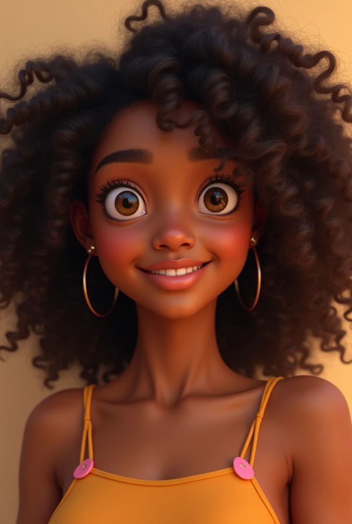 Create a brown-skinned woman with large curly hair , big honey-colored eyes, small mouth, short and who is 18 years old and is a digital content creator