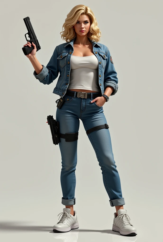 Femme policière, Charlie Nune, blonde avec des cheveux mi-longs bouclés, et une veste jean pardessus un débardeur blanc, et un pantalon bleue-jean bleu et des baskets blanches, et avec un revolver automatique dans sa main droite.