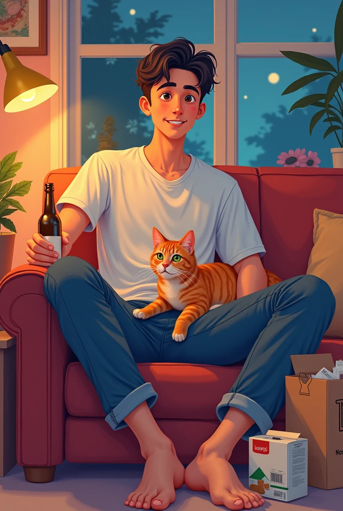 Drawing of a young man without a beard, with a cat on my lap and beer, with ifood order