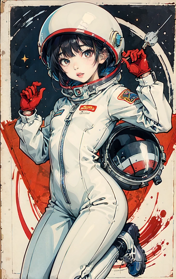 1 person,flat_chest,cute,beautiful detailed eye,shiny hair,visible through hair,hairs between eye, CCCP Poster, Sovietposter,red monochrome,Soviet poster, Soviet,Communism,
black_hair,red_eye,vampire,Teen,小さいchest,Spacesuit:orange_clothing_body:Jumpsuit),white_gloves, white_Space shoes, white_Helmet, the CCCP red letters on the top of Helmet, no gravity, Side light, reflection, Spacesuitを着た人物はフレームの左下にいます, Extending the right hand, My right hand gently touches the Salyut space station.), Space station in the top right of the screen, 太陽からのreflection光, silver metal,red flag, Shine,Soviet style, diffuse reflection, Metallic texture, The view is of the blue earth,mecha style,Sea of stars,Treble, growing up、Ukiyo-e style background、、bondage、Female orgasm、she&#39;Having orgasm and losing control.