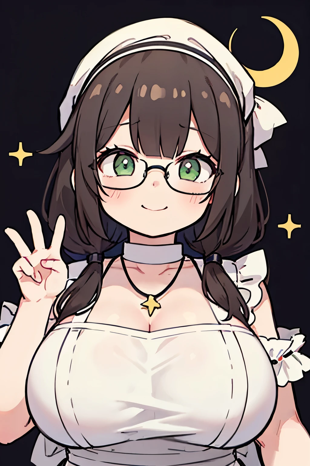 cute chubby fat anime girl with green eyes, very big rectangular thick glasses, middle shoulder middle-lenght dark brown hair, shoulder - length, side parted hair, no fringe on hair, basic t-shirt and a black apron dress, crescent moon necklace, cute smiling pose, simple white background, only half body visible, middle part hair, forehead visible, forehead, side part, fixing glasses