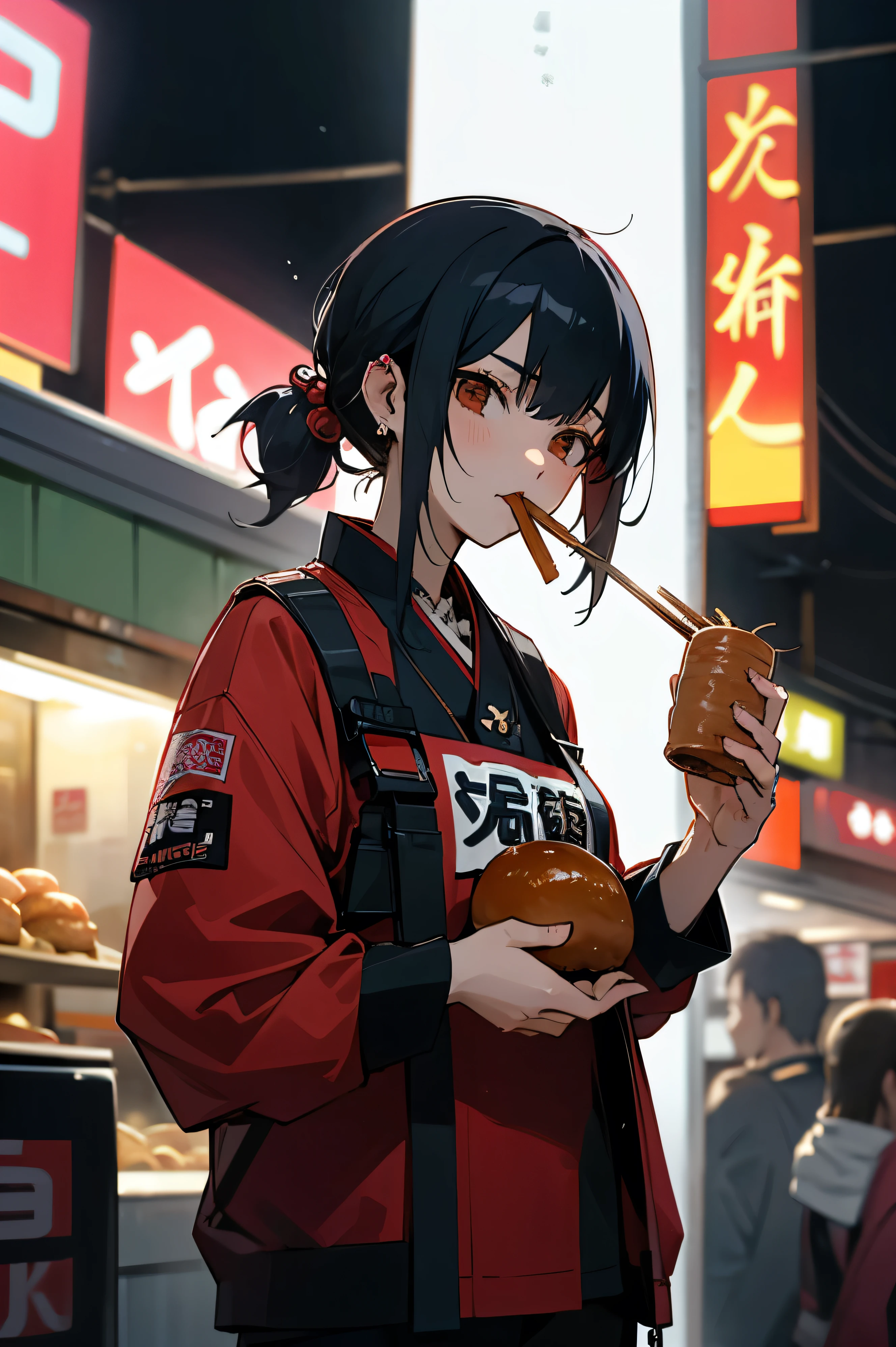 An anime-style woman in her 30s wearing a punk rock outfit.、High resolution, Dynamic video showcasing the deliciousness of eating oden at a food stall at night..。
