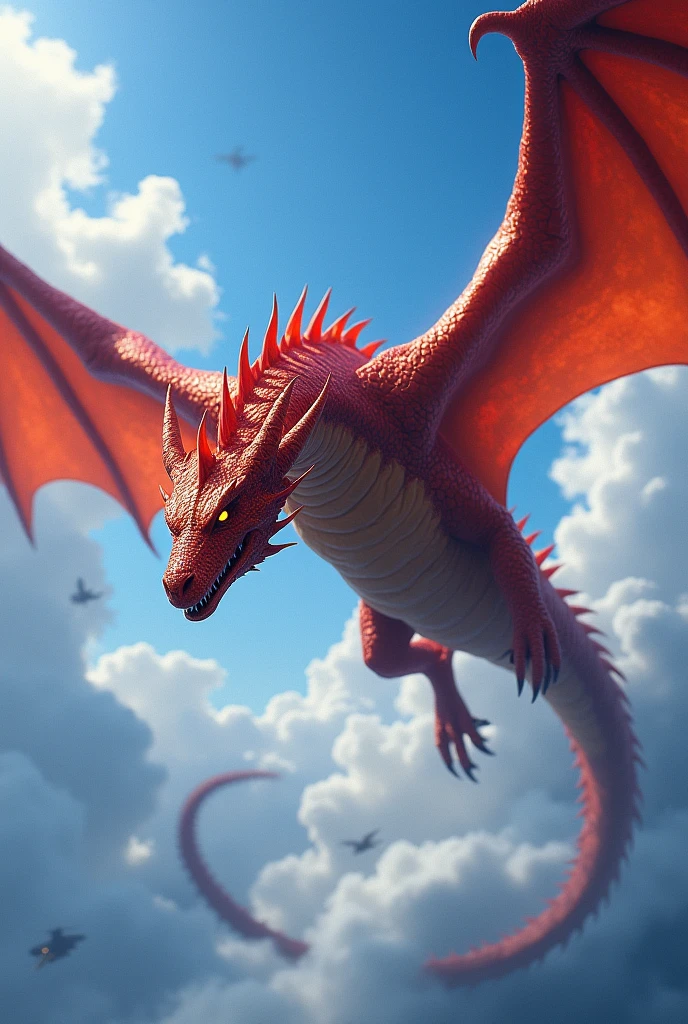 A lava-red dragon flying over the beautiful blue sky