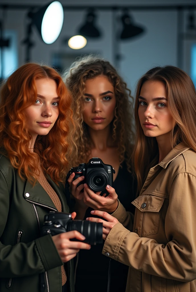 A group portrait of three young women working together in a photography studio. The first is a photographer with wavy, reddish hair holding a camera and focused on taking pictures. The second is a brunette photographer with curly hair., holding another camera, capturing images in the studio. The third is a makeup artist, a fair-skinned young woman with long, straight hair, holding makeup brushes and working on their materials.
