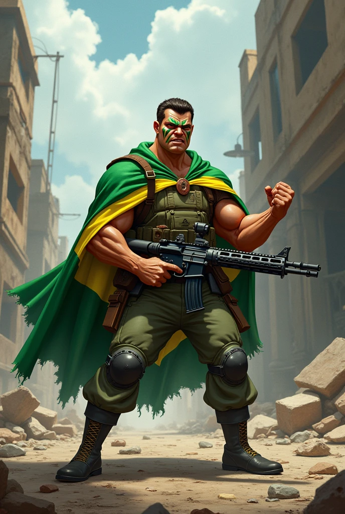 Create a Disney-style image with: a soldier character with anger armed and painted with a torn Brazilian flag cape in a post-war scenario.