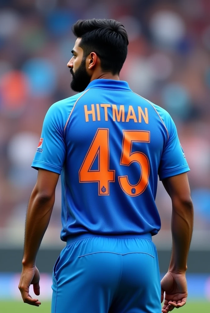 A man in Full sky blue indian cricket team jersey,whose back side bold HITMAN name number 45