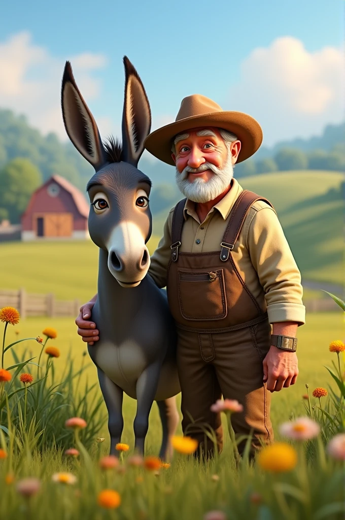 Create for me an image of a donkey on a large farm with its elderly owner.. Pixar-style