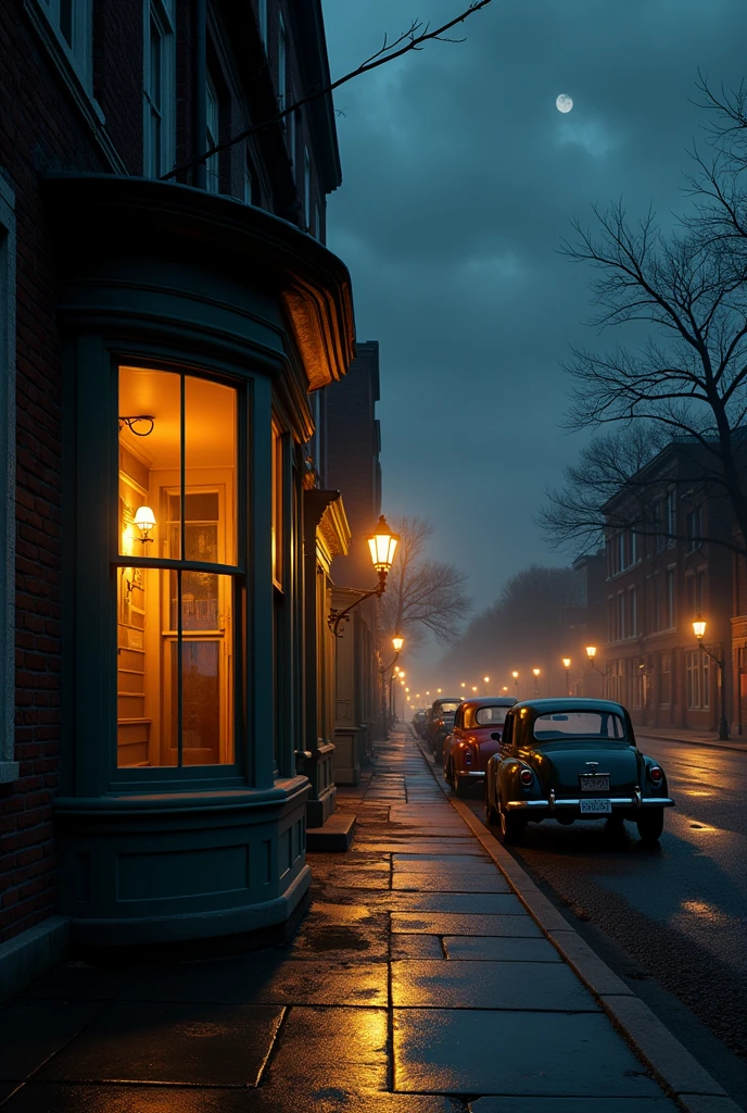 A semi-circular corner of an old house, a long street, a big city at night,, the city of St. Louis Missouri, the camera is looking at the corner of the house. A warm light is burning behind the windows, a road near the corner, old cars are parked on the street. 1927, night.