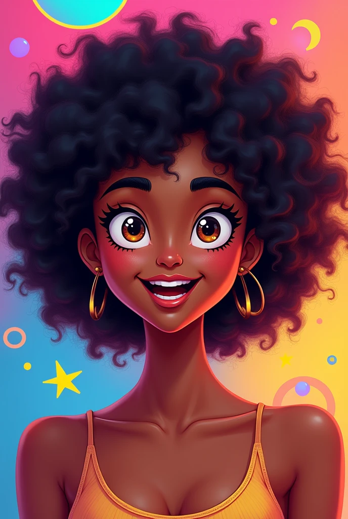 Create a creative and fun profile picture for a brown-skinned woman with big curly hair , big honey-colored eyes, small mouth, short and who is 18 years old and is a digital content creator