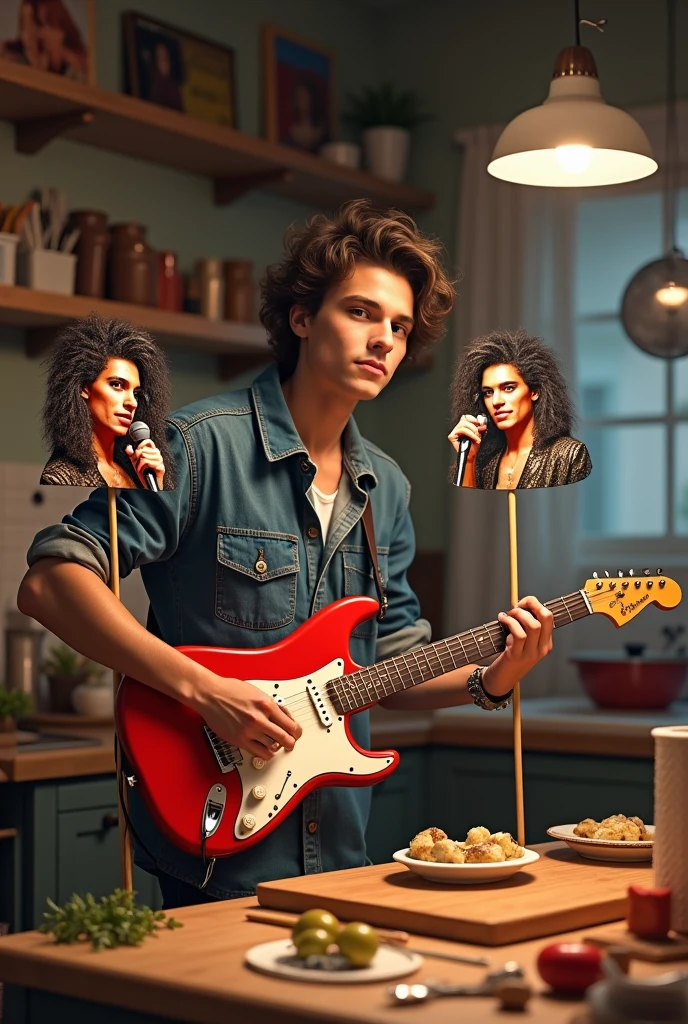 Young man making skewers with Aerosmith's face playing guitar