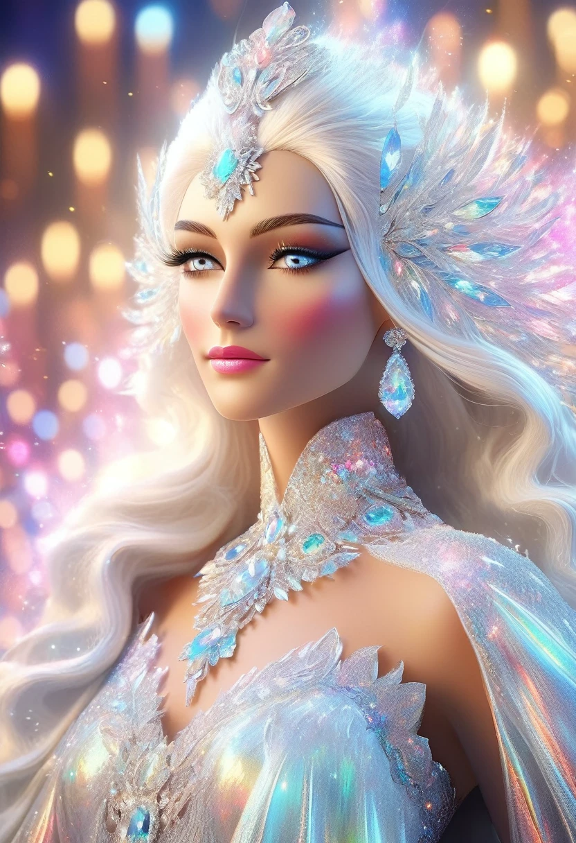 A beautiful woman with pearly tanned skin stands gracefully, her long white hair shining with luster. Her face is perfect, with eyes detailed with mascara that shines with colorful glitter, and her full lips complement her striking appearance. She wears elegant stone earrings and a matching necklace. Her costume includes an iridescent plastic fabric that flows around her exposed shoulders, complemented by a luxurious white faux fur coat over her. The background is illuminated with colorful and intricate ice crystals, creating a mesmerizing and ethereal atmosphere. The entire scene is optimized for stunning visual impact."