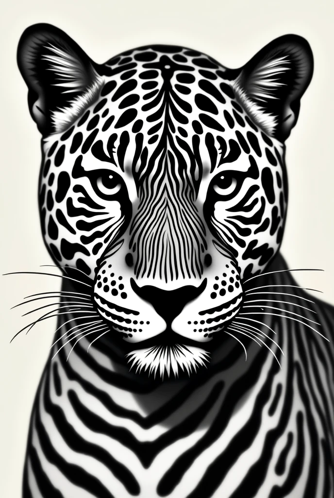 A mesmerizing illustration featuring a jaguar's face composed entirely of bold black and white stripes. The stripes blend seamlessly into the background, creating an optical illusion as they curve and distort facial features. The high-contrast palette adds depth and dimension to the portrait, while the overall design exudes a fusion of modern fashion, conceptual art, and graffiti. The striking, minimalist aesthetic makes it perfect for a captivating poster design, concept artMore
