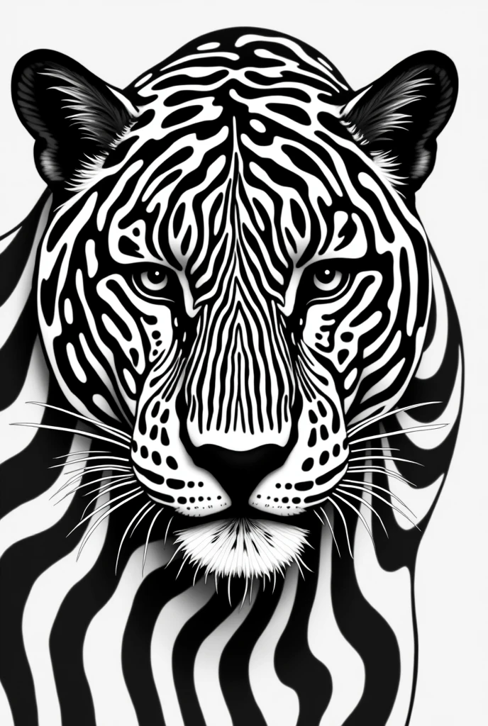 A mesmerizing illustration featuring a jaguar's face composed entirely of bold black and white stripes. The stripes blend seamlessly into the background, creating an optical illusion as they curve and distort facial features. The high-contrast palette adds depth and dimension to the portrait, while the overall design exudes a fusion of modern fashion, conceptual art, and graffiti. The striking, minimalist aesthetic makes it perfect for a captivating poster design, concept artMore