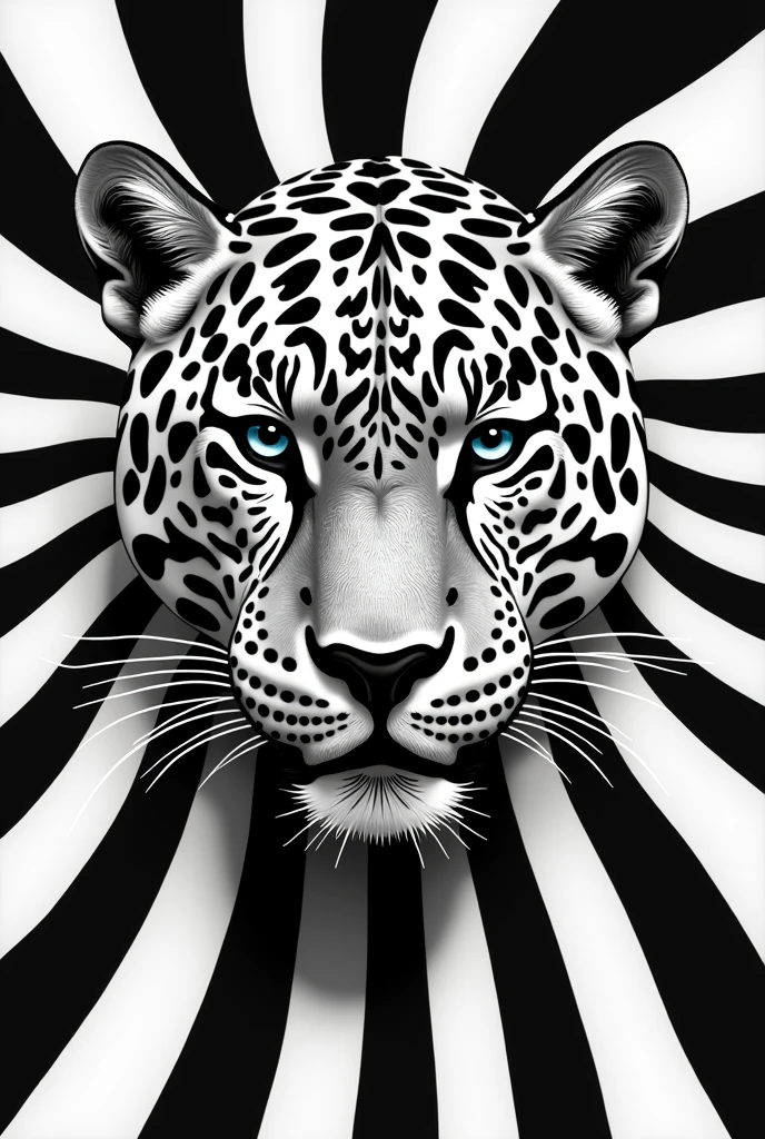 A mesmerizing illustration featuring a jaguar's face composed entirely of bold black and white stripes. The stripes blend seamlessly into the background, creating an optical illusion as they curve and distort facial features. The high-contrast palette adds depth and dimension to the portrait, while the overall design exudes a fusion of modern fashion, conceptual art, and graffiti. The striking, minimalist aesthetic makes it perfect for a captivating poster design, concept artMore
