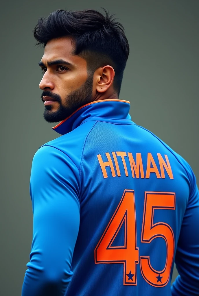 A man in Full sky blue indian cricket team jersey,whose back side bold HITMAN name number 45