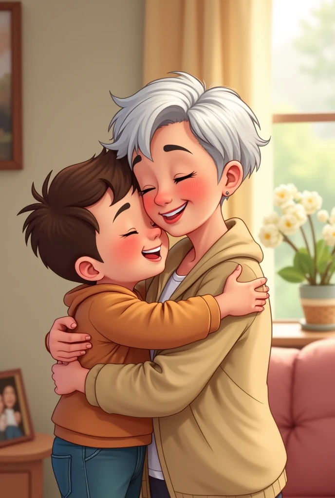 Cartoon of a 50 year old woman with a white pixie haircut hugging her grandson with shaved brown hair