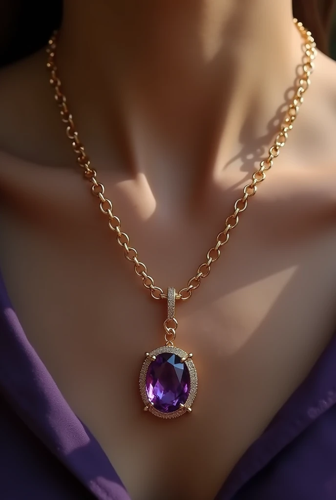 Create a delicate gold necklace, with a pendant of a shiny purple stone