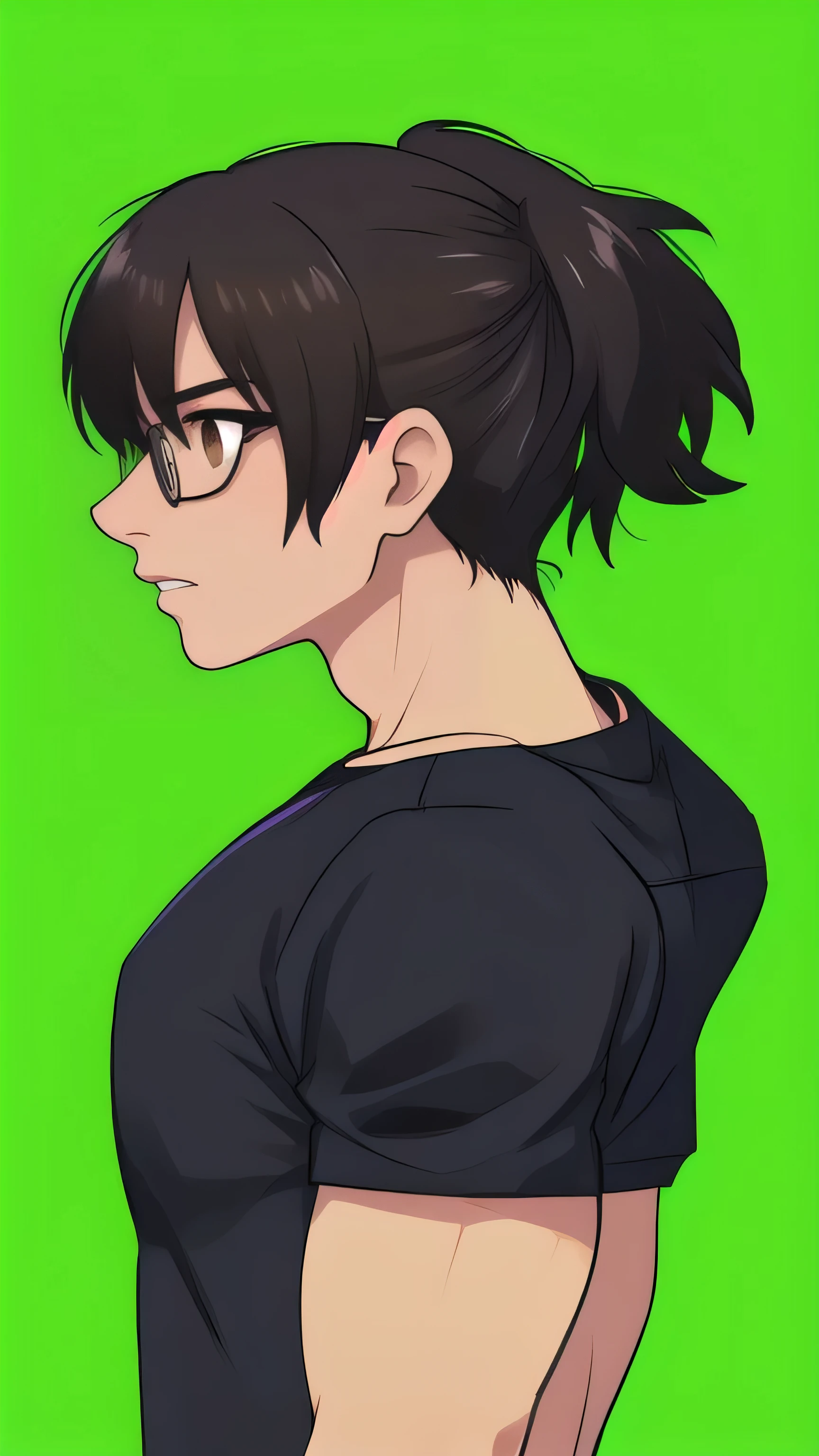 boy, black hair, Brown eyes,A frightened expression on his face, Black Football Shirt black-rimmed glasses