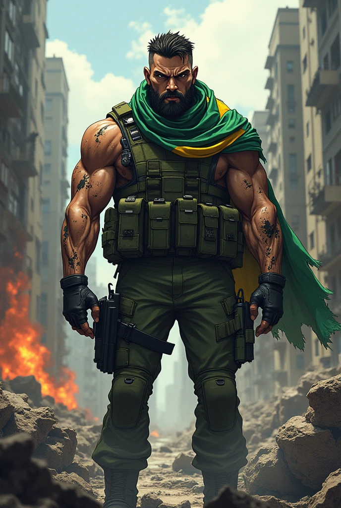 Create an anime-style image with: a soldier character with anger armed and painted with a torn Brazilian flag cape in a post-war scenario.