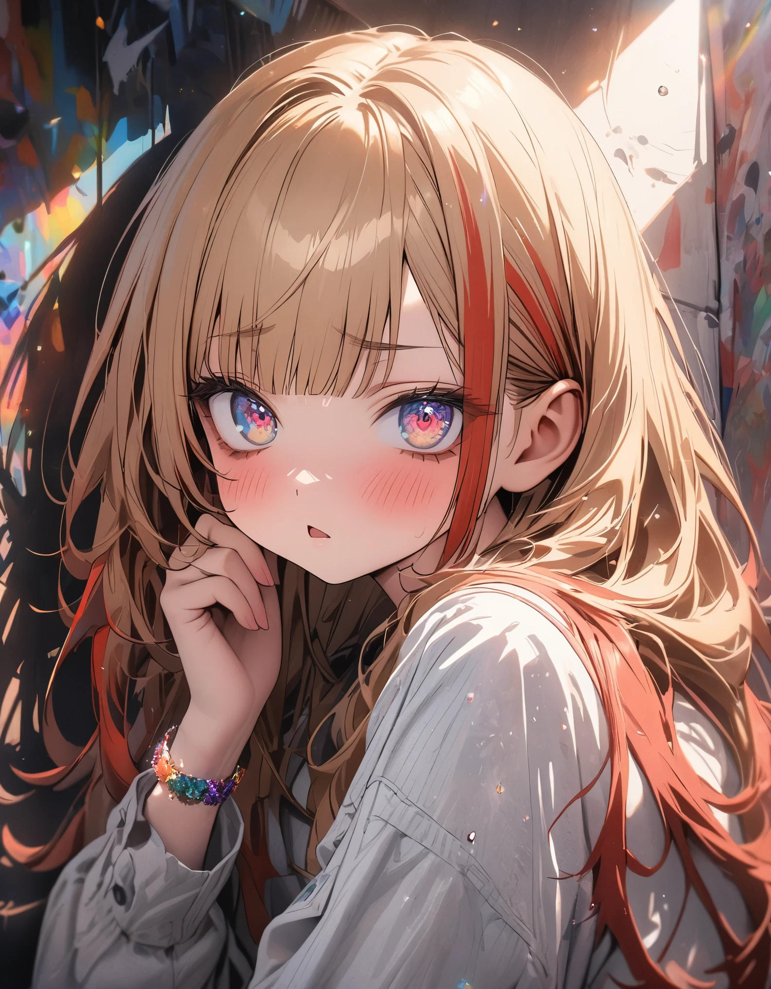 ((Masterpiece)), ((best quality)), (super detail:1.2), (High Definition:1.3), ((extremely detailed)), (8K), (Professional Photography:1.2), (very aesthetic:1.2), (absurdres:1.2), (sharp focus), (perfect light), (drop shadow), (()), cute young Girl, Glossy straight hair, (loose blunt bangs), blonde hair with red, ((red streaked hair)), highlights hair, ((face with raised eyebrow)), (glitter eyes), long hair, big eyes, colorful eyes, (Beautiful Jewel eyes), blush, ((triangle mouth)), (cute cheeks), glossy lips, pouty lips, bags under the eyes, (lower eyelashes), BREAK, ((best quality)), Fine gemstone bracelet, (Oversized loose buttoned shirt), exposed bare left shoulder, ((Place both hands on the cheeks)), (colorful), cute makeup, ((against the Colorful pastel wall)), cute, (Beautiful lily painting), (detailed background:1.2), (newest), clear line,