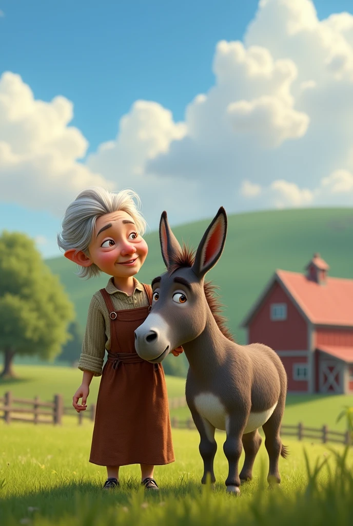 Create for me an image of a donkey on a large farm with its elderly owner. (Woman). Pixar-style