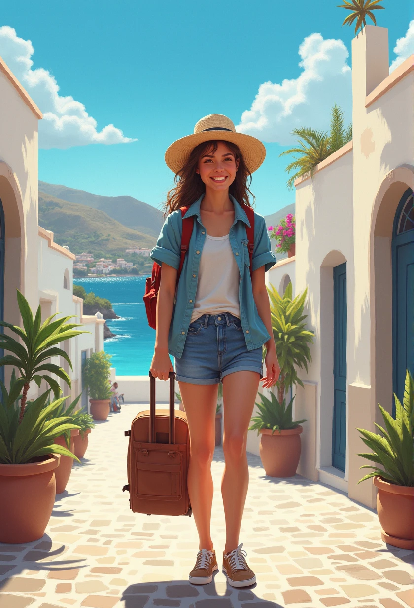 use the face of the image provided and create a full body image with travelling to greece