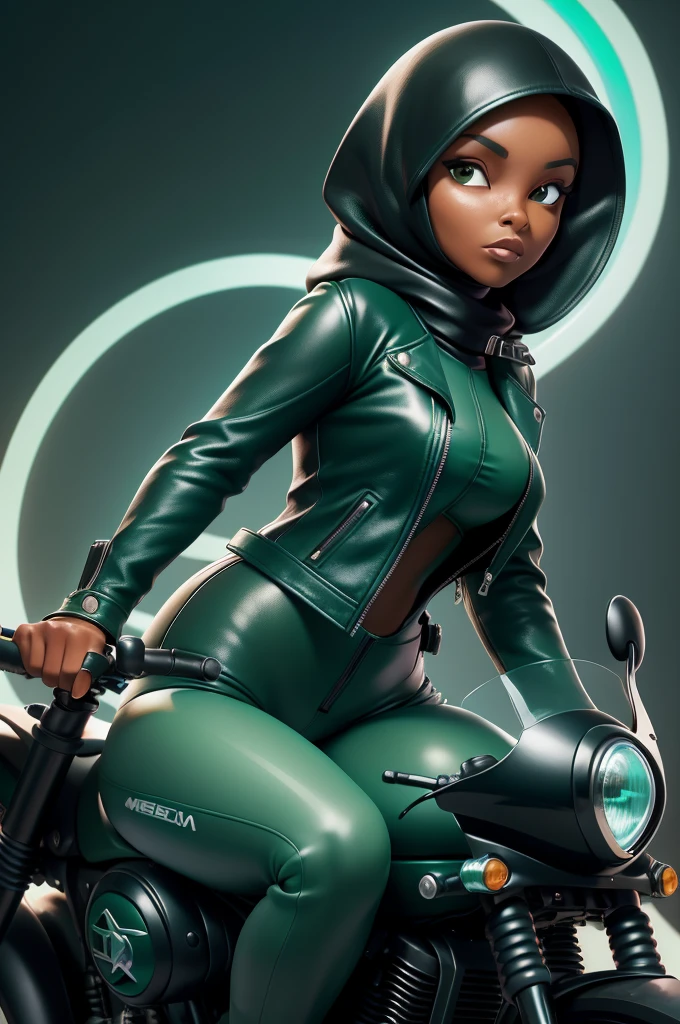 obra prima, melhor qualidade, ((only one woman,)) ((ilhan omar, dark black skin, black leather muslim hijab)) looking over shoulder at me, massive erect cone tits, ((wearing metallic green leather biker moto jacket,)) ((jacket has padded shoulders, jacket has stiff high collar,)) (((wearing jade green leather pants,))) body is very skinny, arched back, hand gripping handle, ((riding motorcycle, extreme closeup view, side front view of upper body,)) shallow depth of field, highres, HD, 8k, anatomically correct