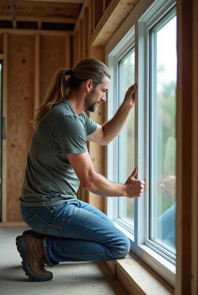 Man with long hair but tied up, placing an aluminum and glass window.