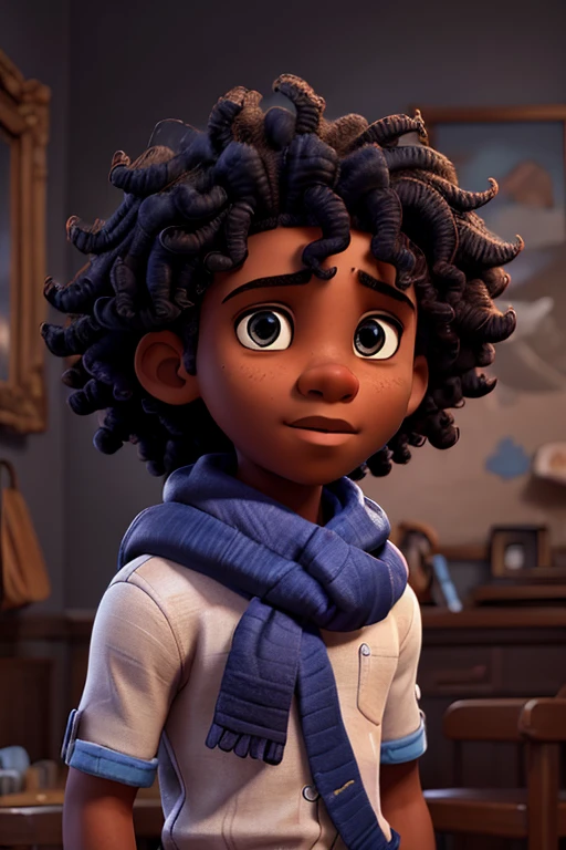 A young black boy with curly hair and blue eyes, wearing a scarf, intelligent expression, detailed portrait, hyper realistic, intricate details, 8k, high quality, cinematic lighting, dramatic, moody, warm color tones, oil painting, masterpiece.