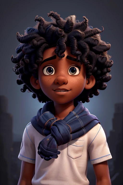 A young black boy with curly hair and blue eyes, wearing a scarf, intelligent expression, detailed portrait, hyper realistic, intricate details, 8k, high quality, cinematic lighting, dramatic, moody, warm color tones, oil painting, masterpiece.