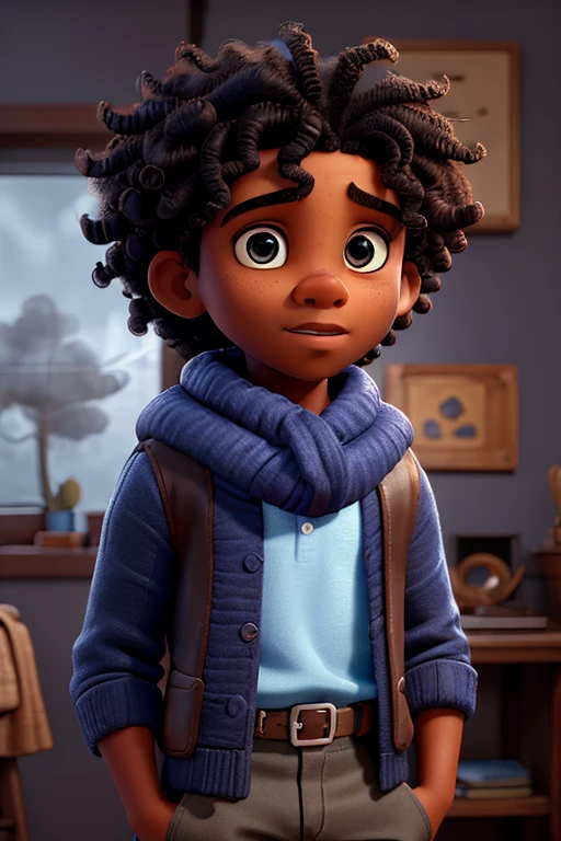 A young black boy with curly hair and blue eyes, wearing a scarf, intelligent expression, detailed portrait, hyper realistic, intricate details, 8k, high quality, cinematic lighting, dramatic, moody, warm color tones, oil painting, masterpiece.