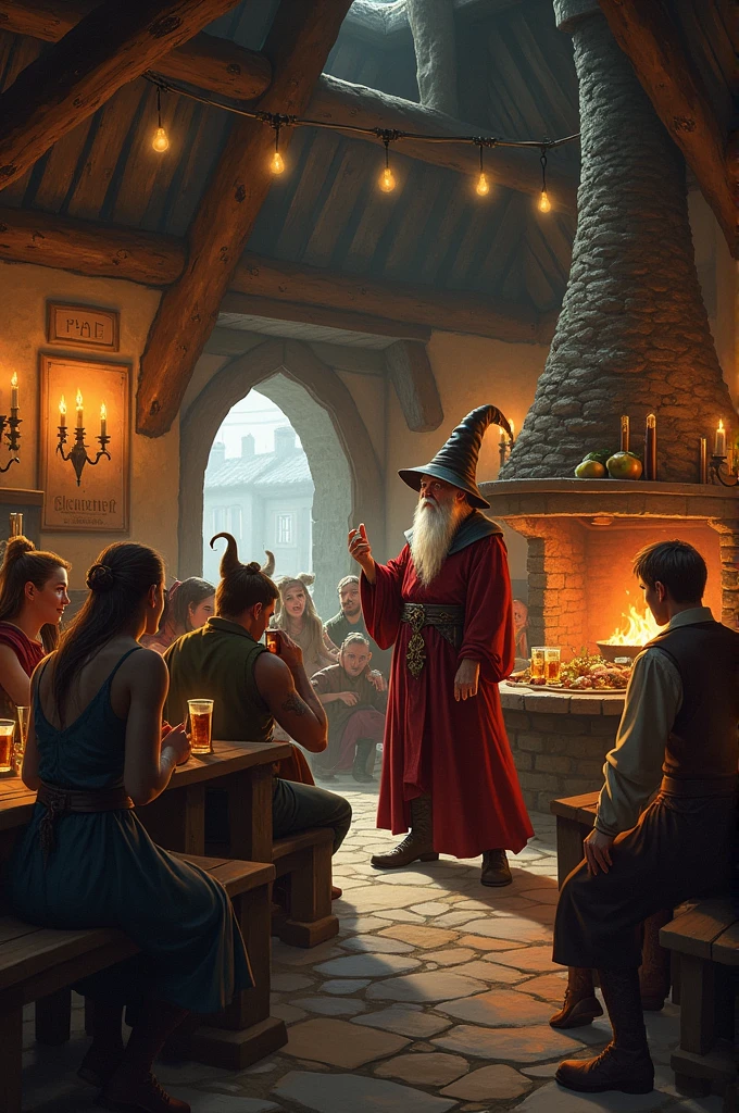 Depict a medieval tavern with fantasy universe characters drinking and having fun. In the background of the image, have the entrance to the tavern with an old wizard wearing a pointed hat and red robes arriving at the scene and simply observing the surroundings.