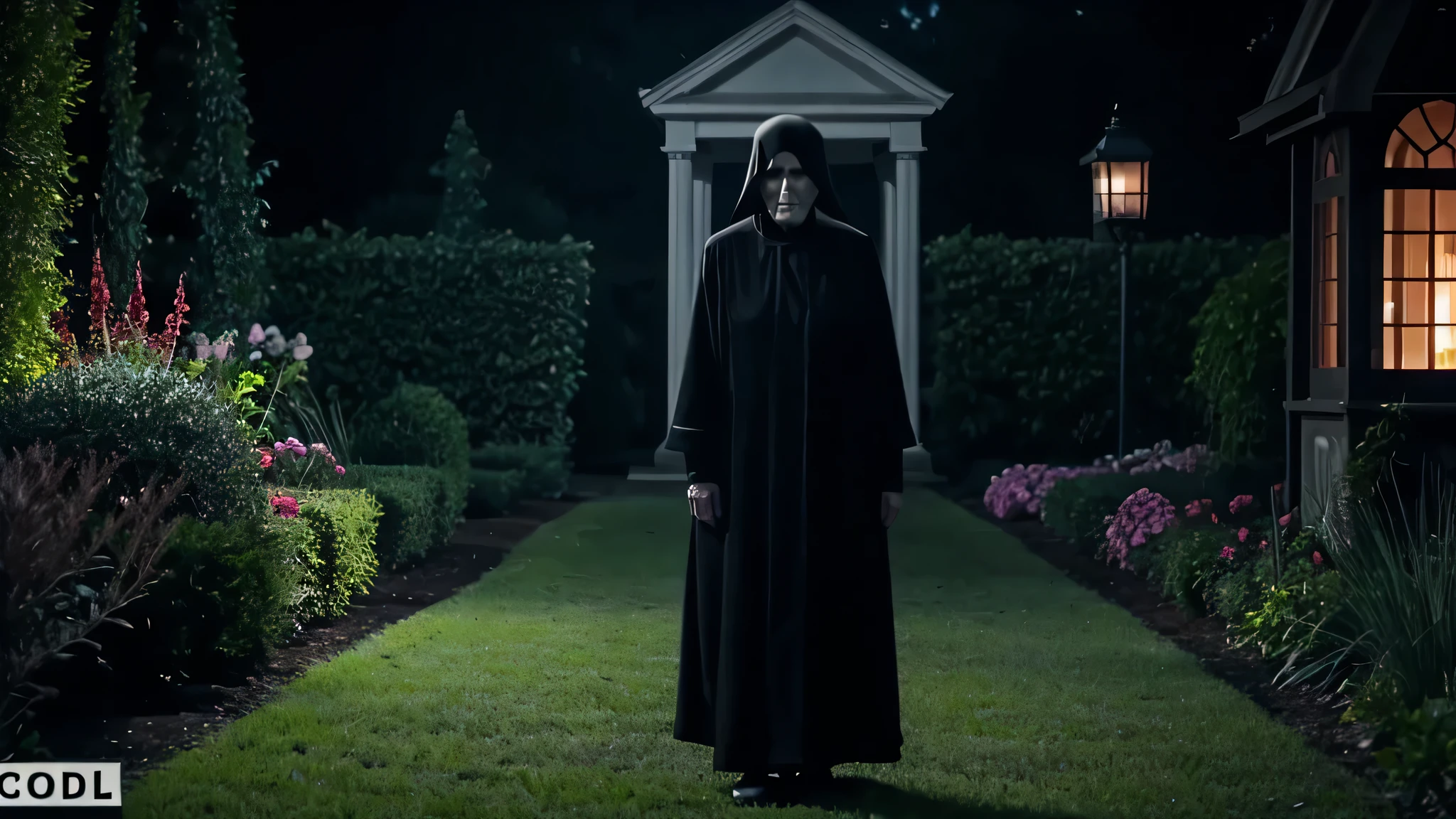 create a youtube thumbnail of a dark scary garden with ghost old lady standing looking evil make sure she old and evil looking