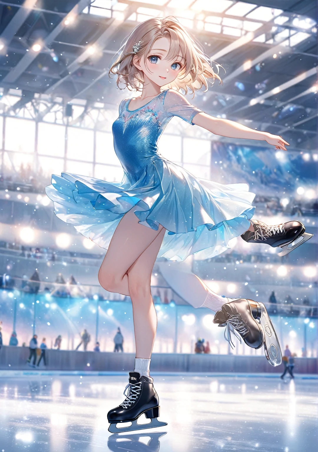 (Highest quality,8k,32K,masterpiece,Ultra-high resolution :1.2 ),born,one person,Super cute,Natural light,Clear, shining eyes,20-year-old,Fair skin,Fantasy background of figure skating rink,Figure skating