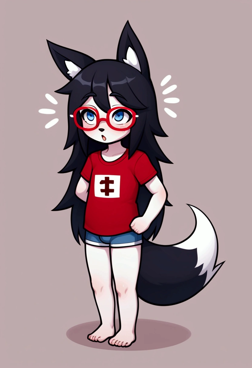 (by shadman),alone, punctuation_9,punctuation_8_High above,punctuation_7_High above, a young hairy wolf Anthro nerd,child,child,feminine,young wolf girl, wolf muzzle,white wolf ears, white hairy body, Cao Cao, long messy black hair,long hair, Bblack hair, white wolf tail, black glasses, blue colored eyes, white wolf ears, white wolf tail, breasts small, wearing a red t-shirt, short preto ,,he would be,fly away,portraite,unexpressive,close up looking forward,white ear,icons,high qualiy,ahegao,excited