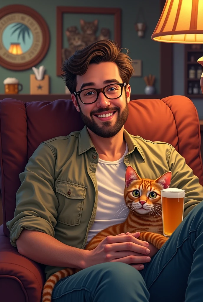 Drawing of a man wearing glasses, nor the bar, with a cat on my lap and beer, with ifood order