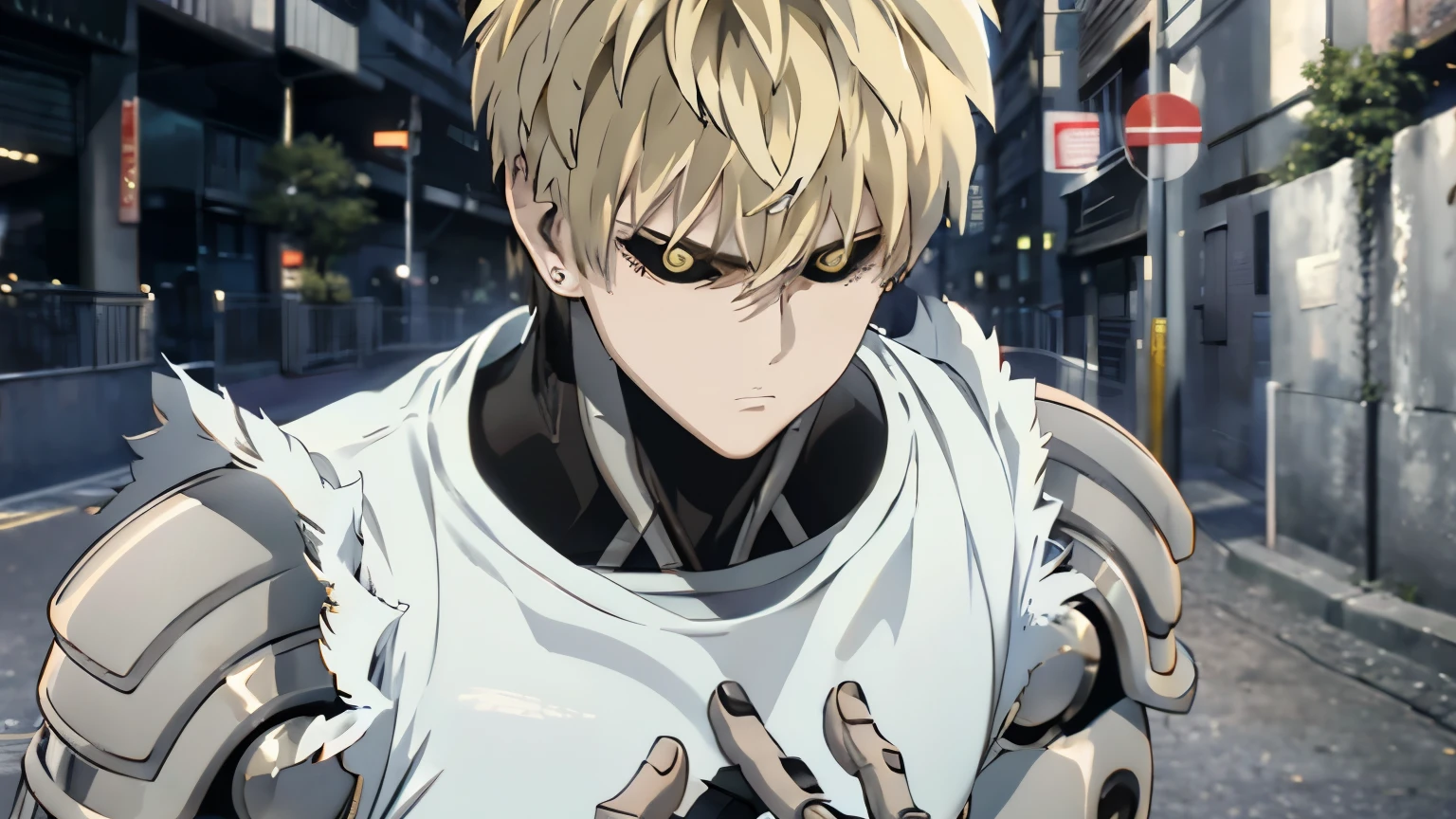 Genos from the one punch man series, He is facing out on the streets. (His face expresses great concern )(He raises one of his fingers on his right hand.).