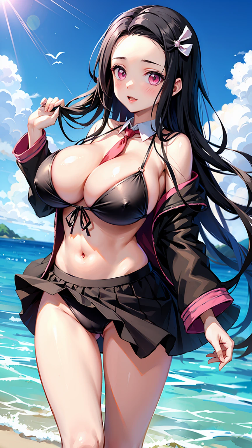 Nezuko kamado , bikini, black neck tie,  huge breast, clevage, pink eyes , black hair 
