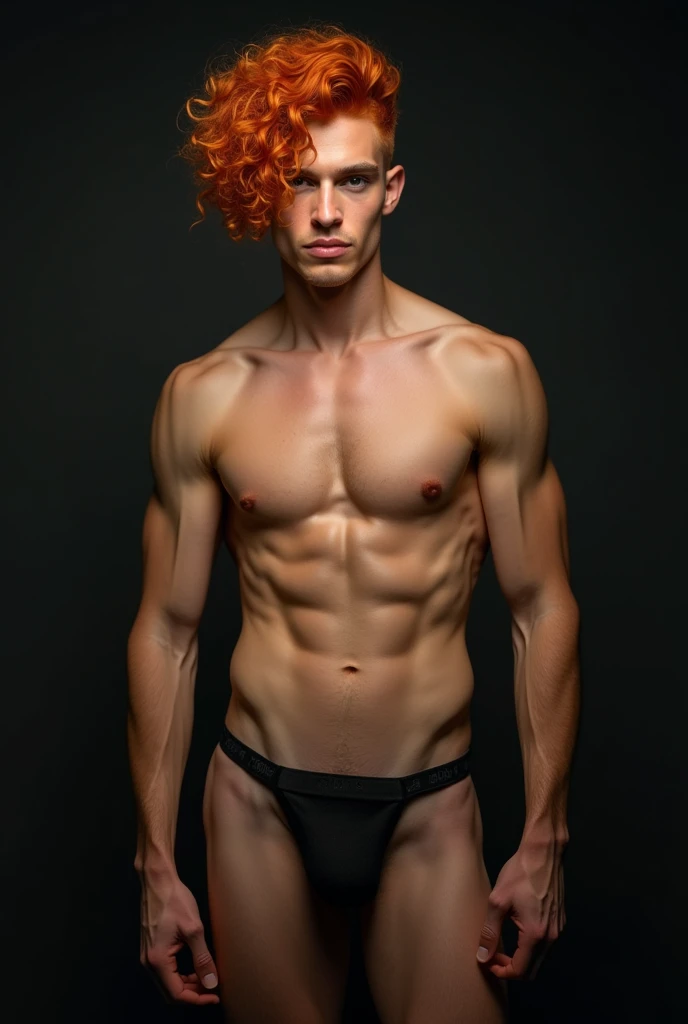 Boy with red curly hair, empty black eyes, tall, muscular, sexy, sensual smile, showing penis, big penis, thick penis, pubic hair, sexy 