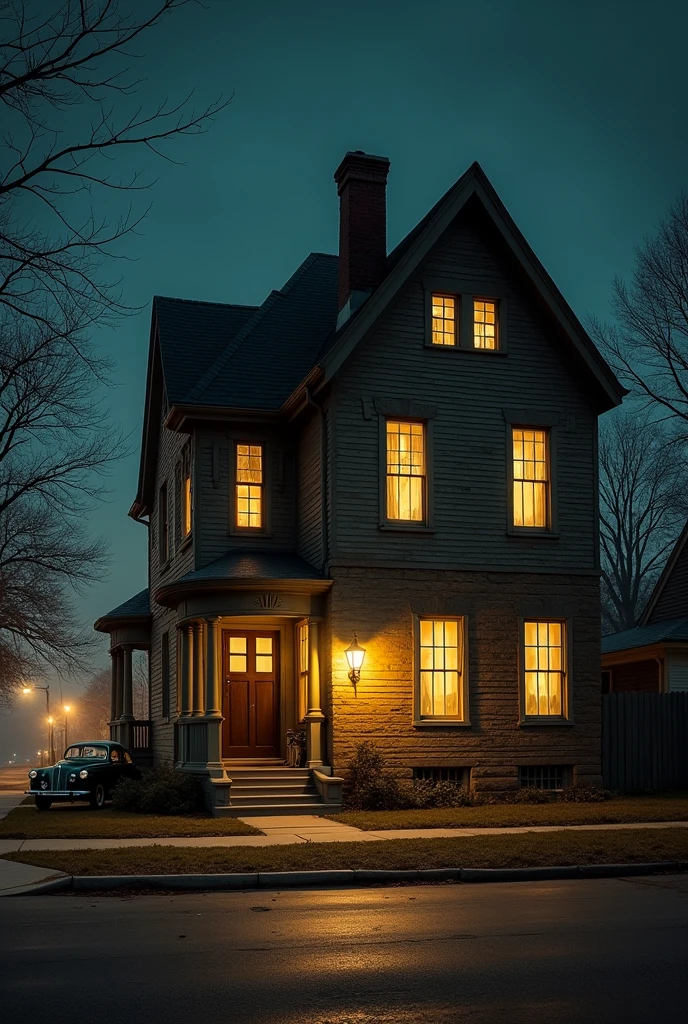 A semi-circular corner of an old house, a long street, a big city at night,, the city of St. Louis Missouri, the camera is looking at the corner of the house. A warm light is burning behind the windows, a road near the corner, old cars are parked on the street. 1927, night.
