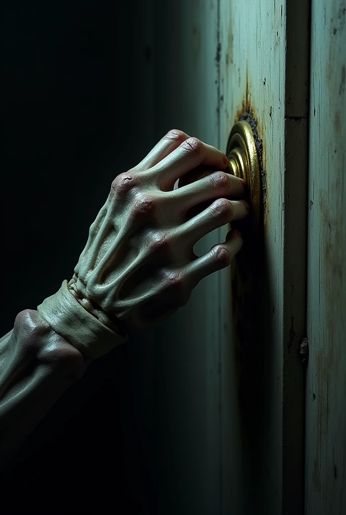 close up of a hand on a doorknob, nightmare