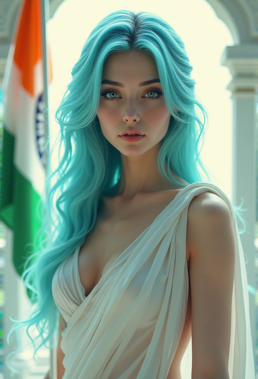 full length photo, (full body photo:2.0), a real ultra realistic 8k goddess of temptation with cyan coloured hair and perfect beautiful face ratio according to mathematically, perfect jawlines, perfect face cut, perfect cheek bones, ultra realistic 8k facial features, beautiful blue big realistic beautiful eyes, juicy beautiful lips, bright light, long_hair in a beautiful white saree dress with tricolor indian flag in hand