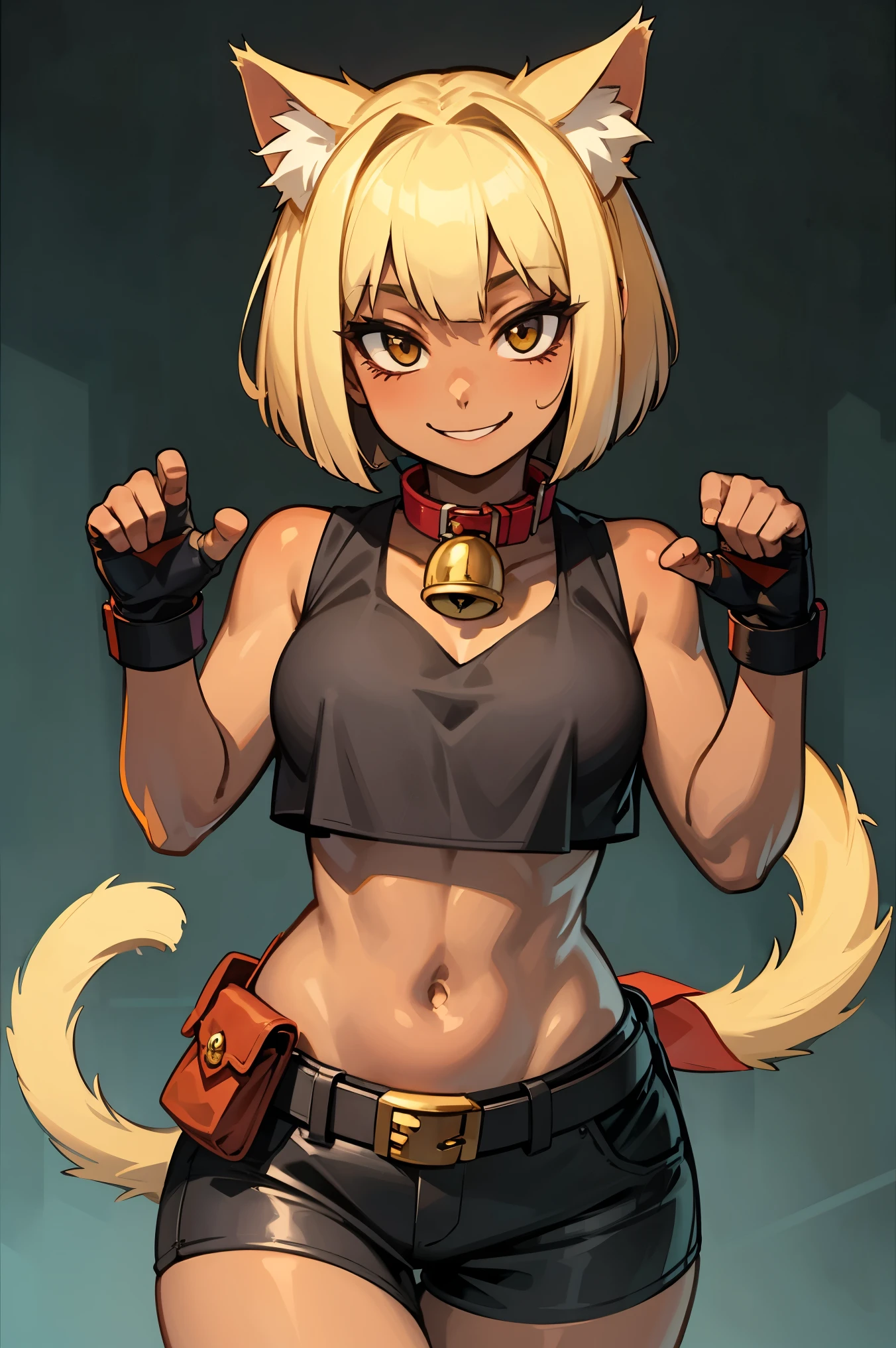 (masterpiece, best quality:1.2), solo, 1girl, sgmsfortune, dark skin, dark-skinned female, smile, looking at viewer, paw pose, bob cut, crop top, fingerless gloves, collar, bell, belt, pouch, cat tail