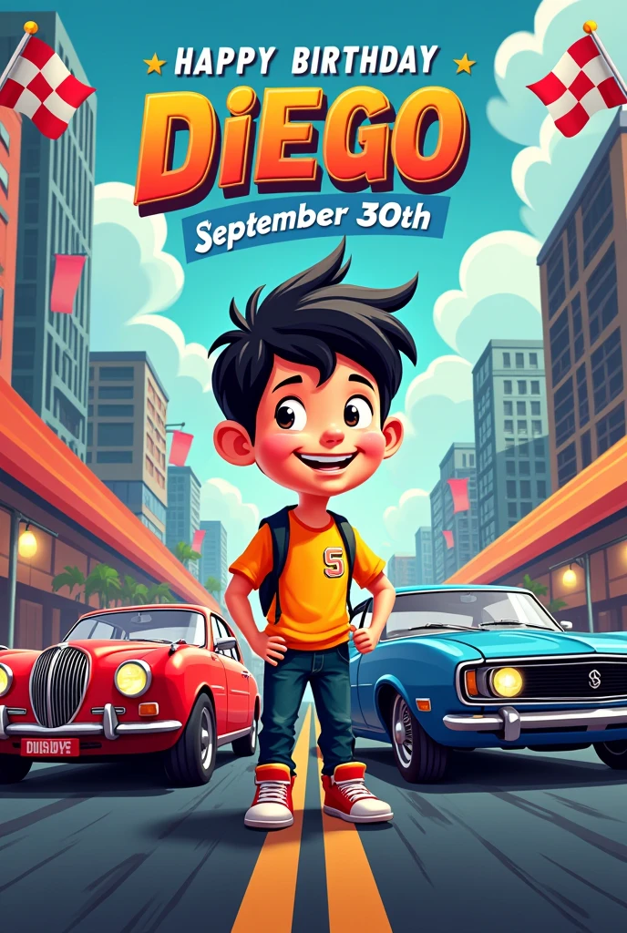 Birthday invitation card with date September 30th, with the name Diego and Cars theme