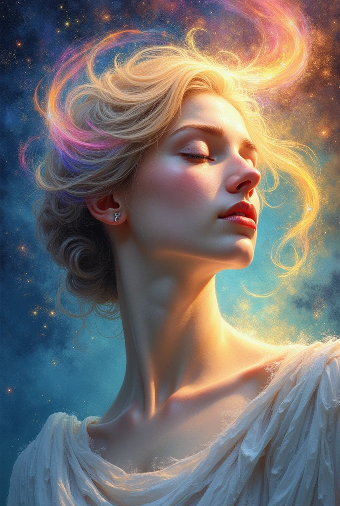 a statue of a Greek woman with her eyes closed and a swirl of light coming out of her head, portrait of a cosmic entity, the swirl covers the entire area of the drawing as if it were a colorful aura, colorful light aura, astral plane, beautiful drawing....The aura is like a spiral of colorful and soft rays, translucent